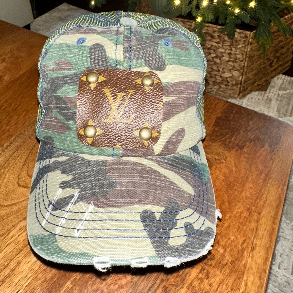 Upcycled Camo Trucker Hat with LV Leather Patch
